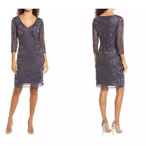 Pisarro Nights Women's Slate Beaded  V-neck Cocktail Dress Size 10 NWT